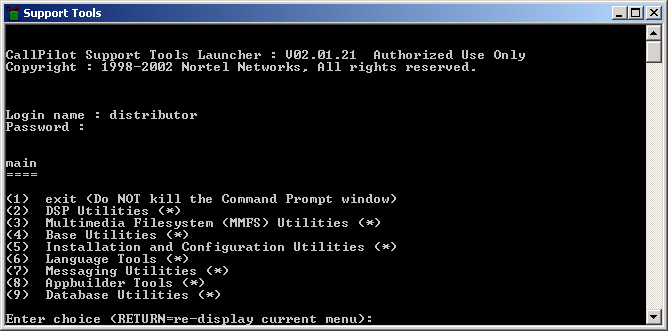 Callpilot Support Tools Menu